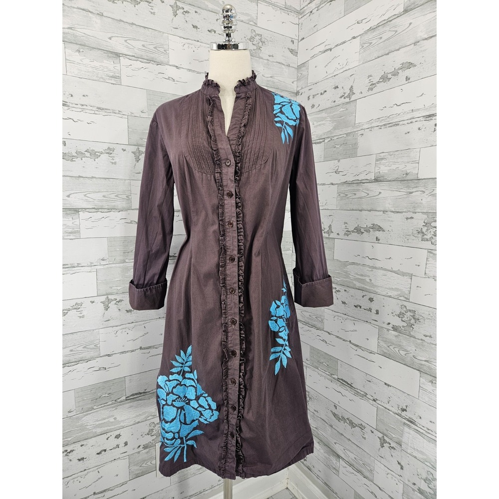 Almatrichi Womens 44 US 14 Brown Button Down Shirtdress Embroidered Ruffled